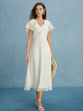 Rihoas Apricot V Neck Ruffle Chiffon Midi Dress